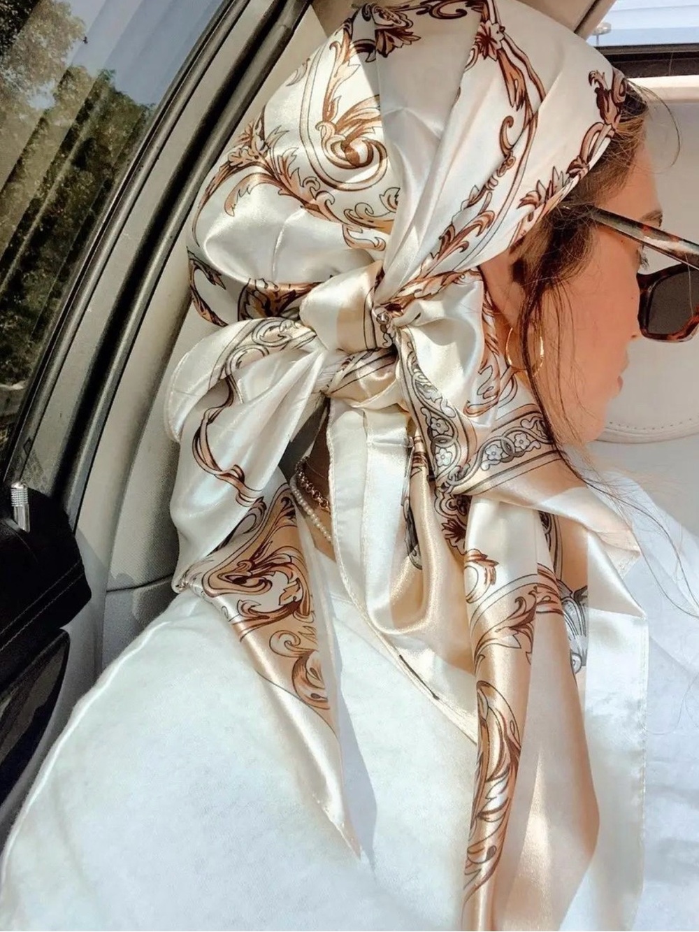 RIIQIICHY Satin Head Scarf 35” Ivory Beige Brown Baroque Hair Wrap Bandana - Picture 2 of 4